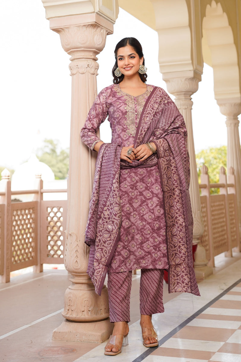 Mauve Silk Blend Ombre Straight Kurta Trousers With Dupatta VKSKD1690