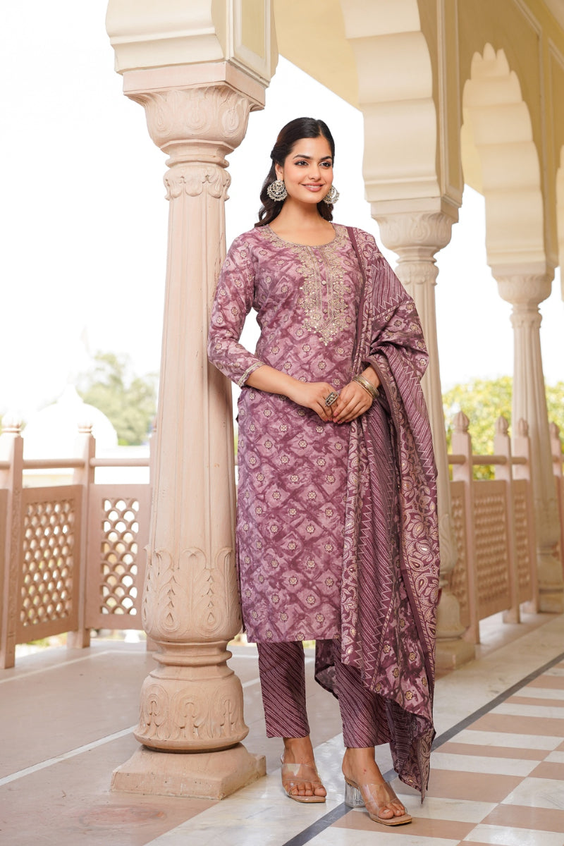 Mauve Silk Blend Ombre Straight Kurta Trousers With Dupatta VKSKD1690