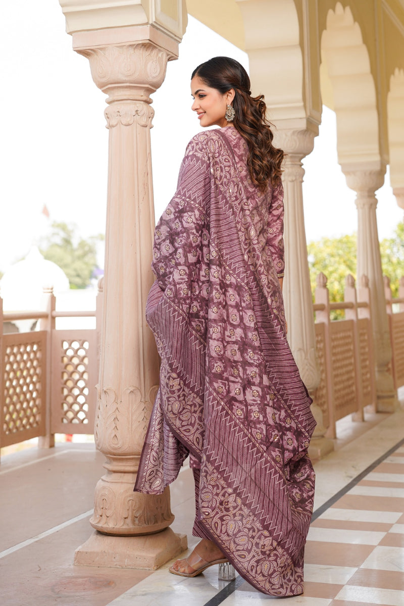 Mauve Silk Blend Ombre Straight Kurta Trousers With Dupatta VKSKD1690