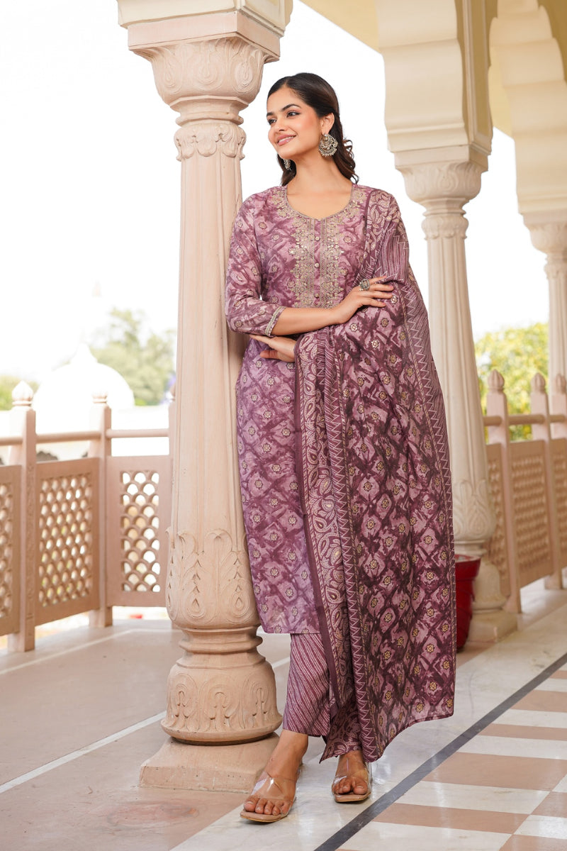 Mauve Silk Blend Ombre Straight Kurta Trousers With Dupatta VKSKD1690