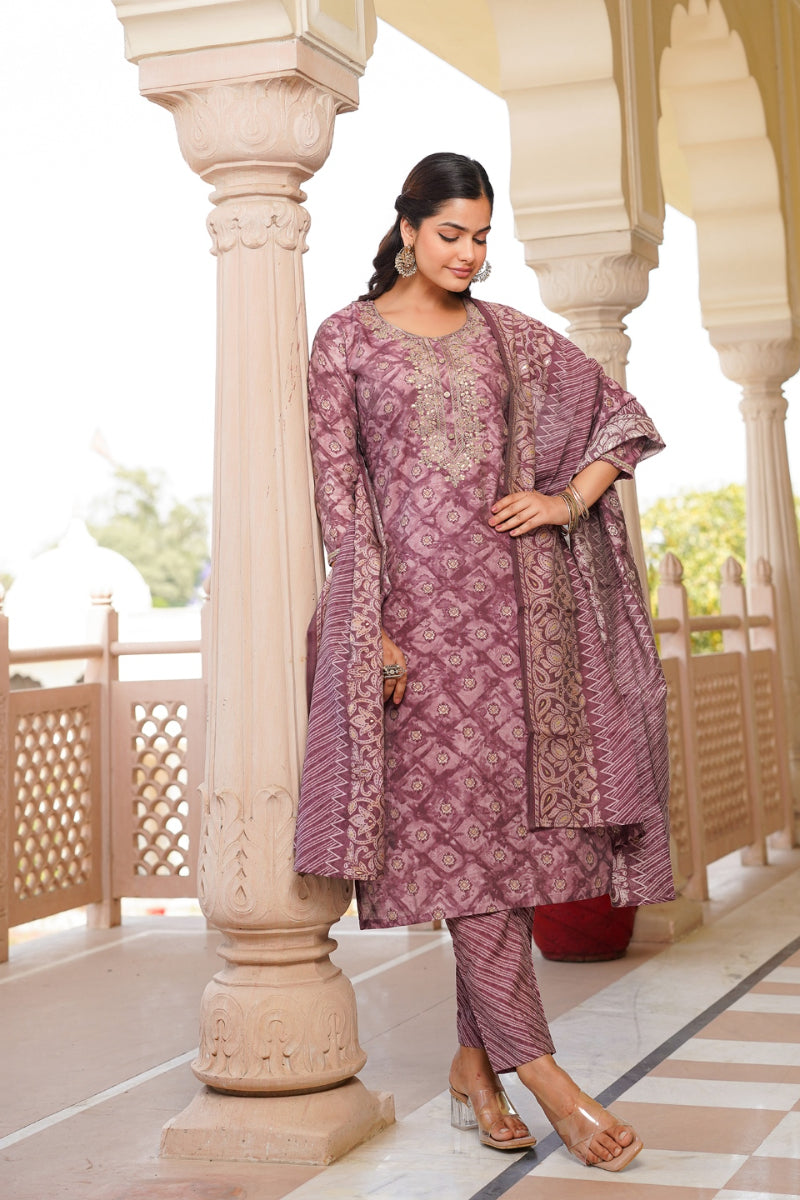 Mauve Silk Blend Ombre Straight Kurta Trousers With Dupatta VKSKD1690