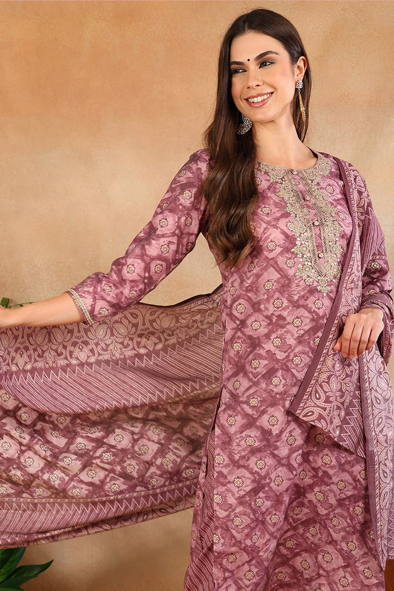 Mauve Silk Blend Ombre Straight Kurta Trousers With Dupatta VKSKD1690