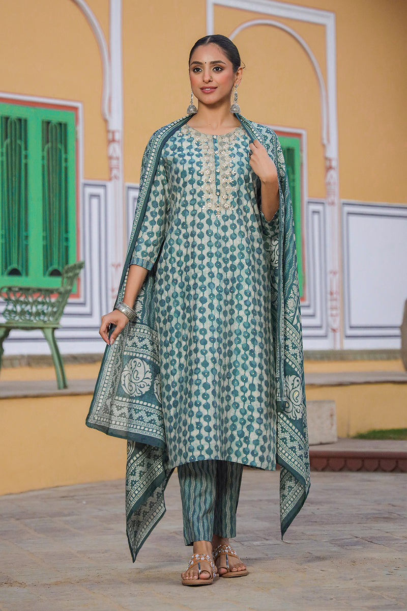 Green Silk Blend Abstract Straight Kurta Trousers With Dupatta VKSKD1696