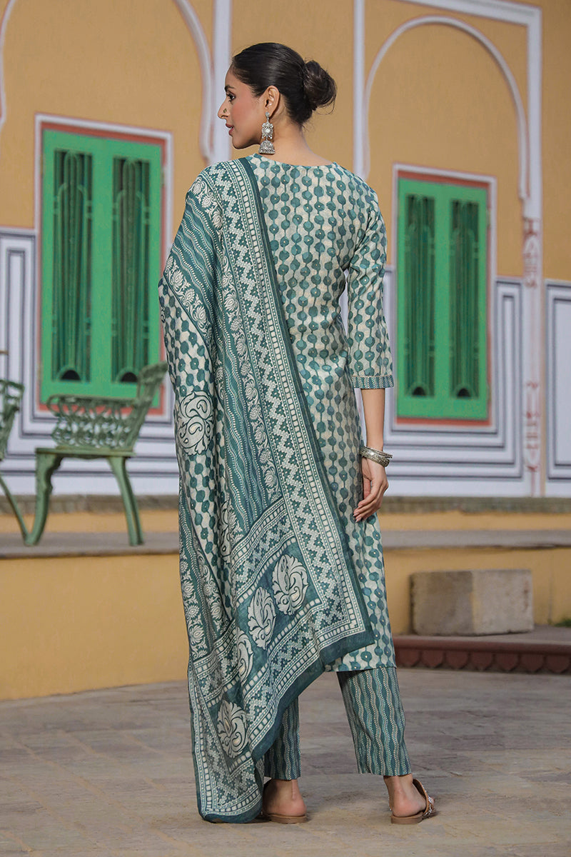 Green Silk Blend Abstract Straight Kurta Trousers With Dupatta VKSKD1696