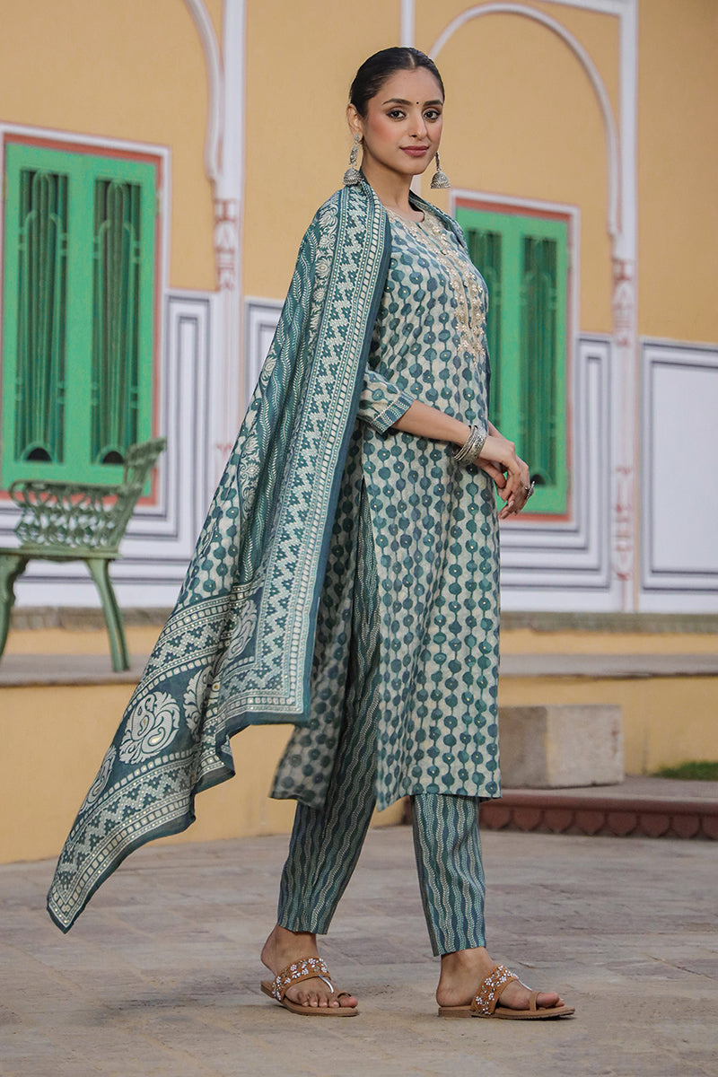 Green Silk Blend Abstract Straight Kurta Trousers With Dupatta VKSKD1696