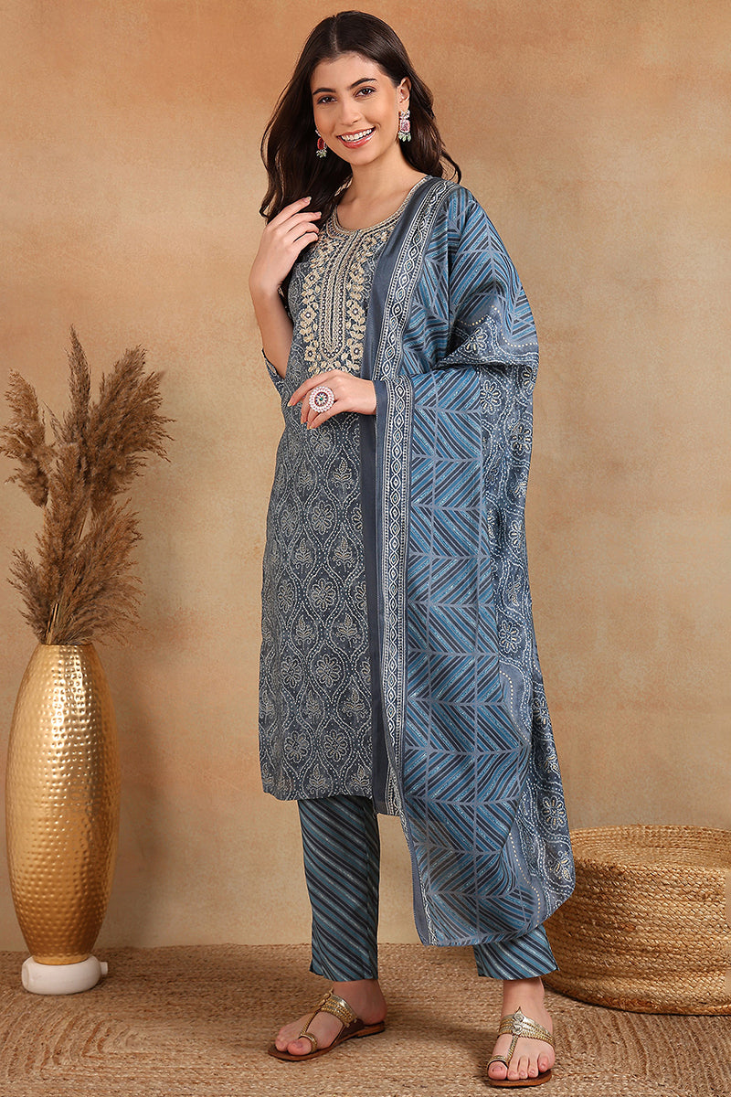 Grey Silk Blend Straight Kurta Pant With Dupatta VKSKD1706