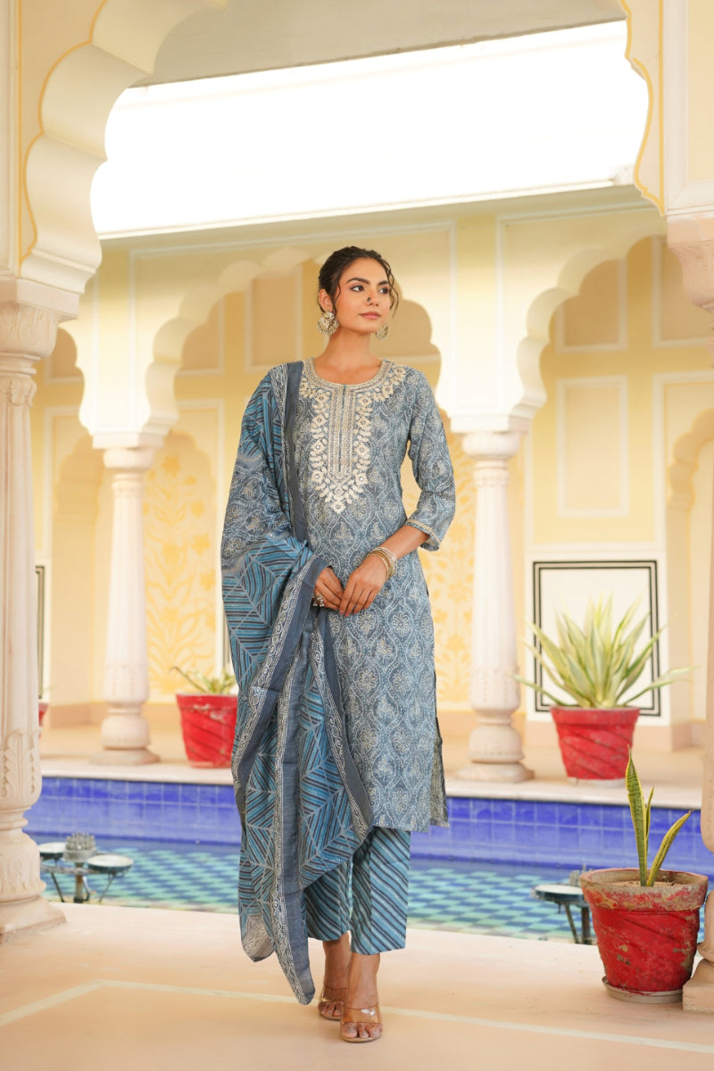Grey Silk Blend Straight Kurta Pant With Dupatta VKSKD1706