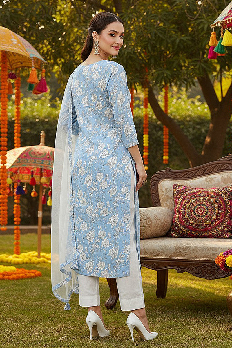 Blue Rayon Blend Floral Straight Kurta Pant With Dupatta VKSKD1716