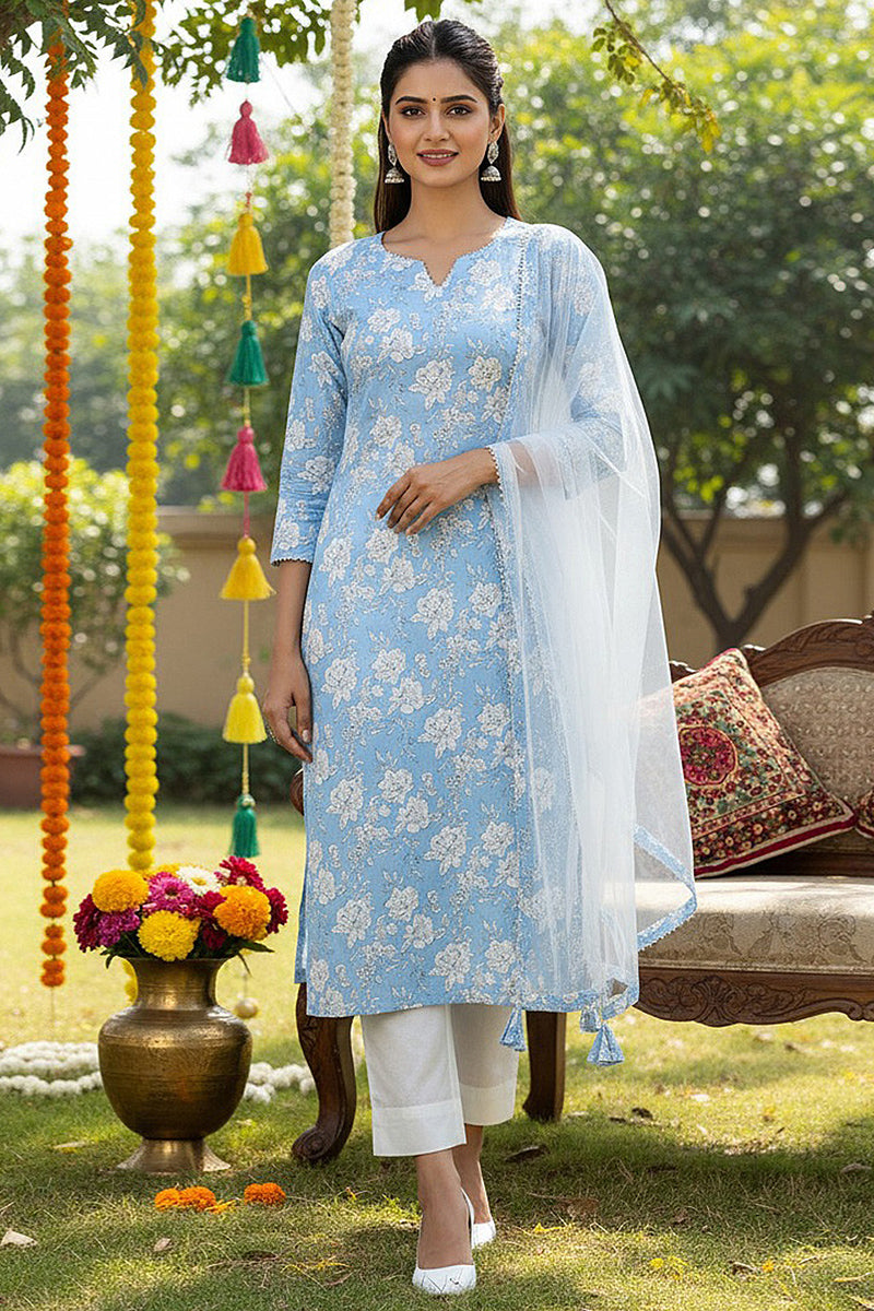 Blue Rayon Blend Floral Straight Kurta Pant With Dupatta VKSKD1716