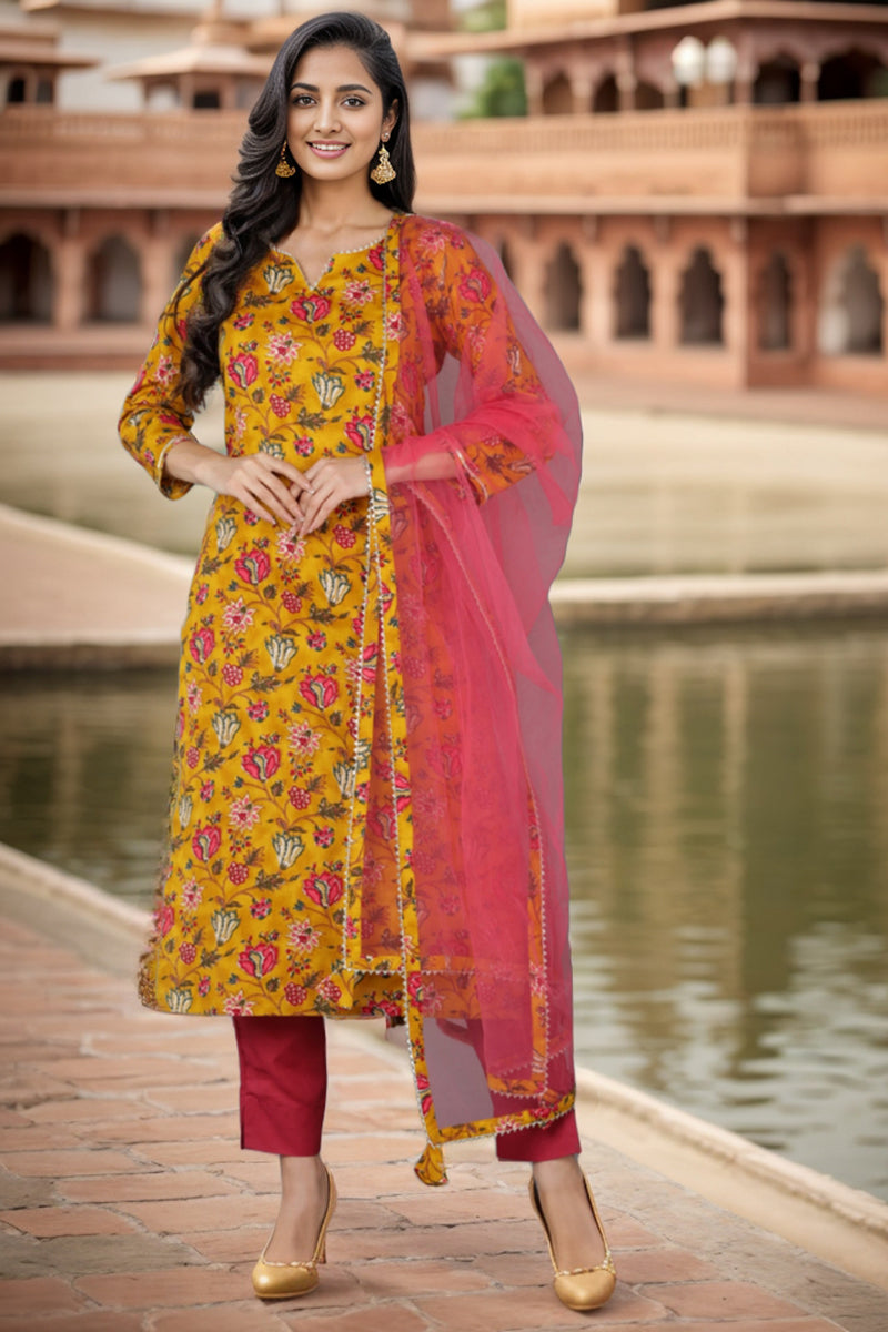 Mustard Rayon Blend Floral Straight Kurta Pant With Dupatta VKSKD1718