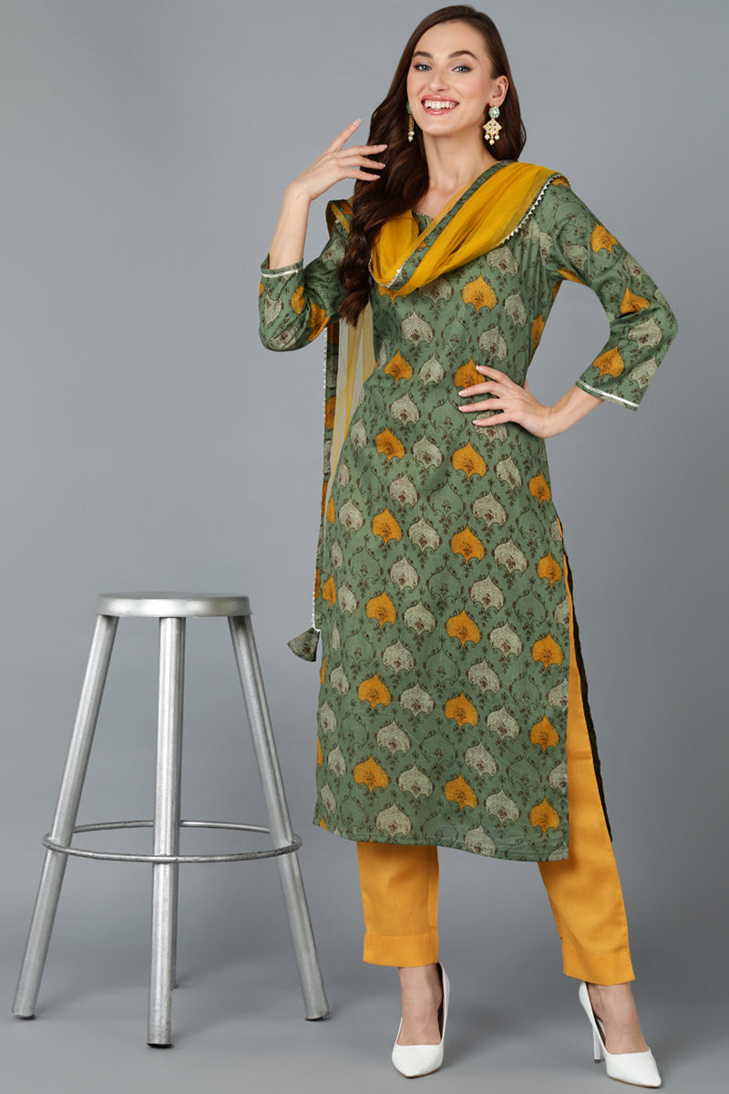 Green Rayon Blend Ethnic Motif Printed Straight Suit Set VKSKD1721