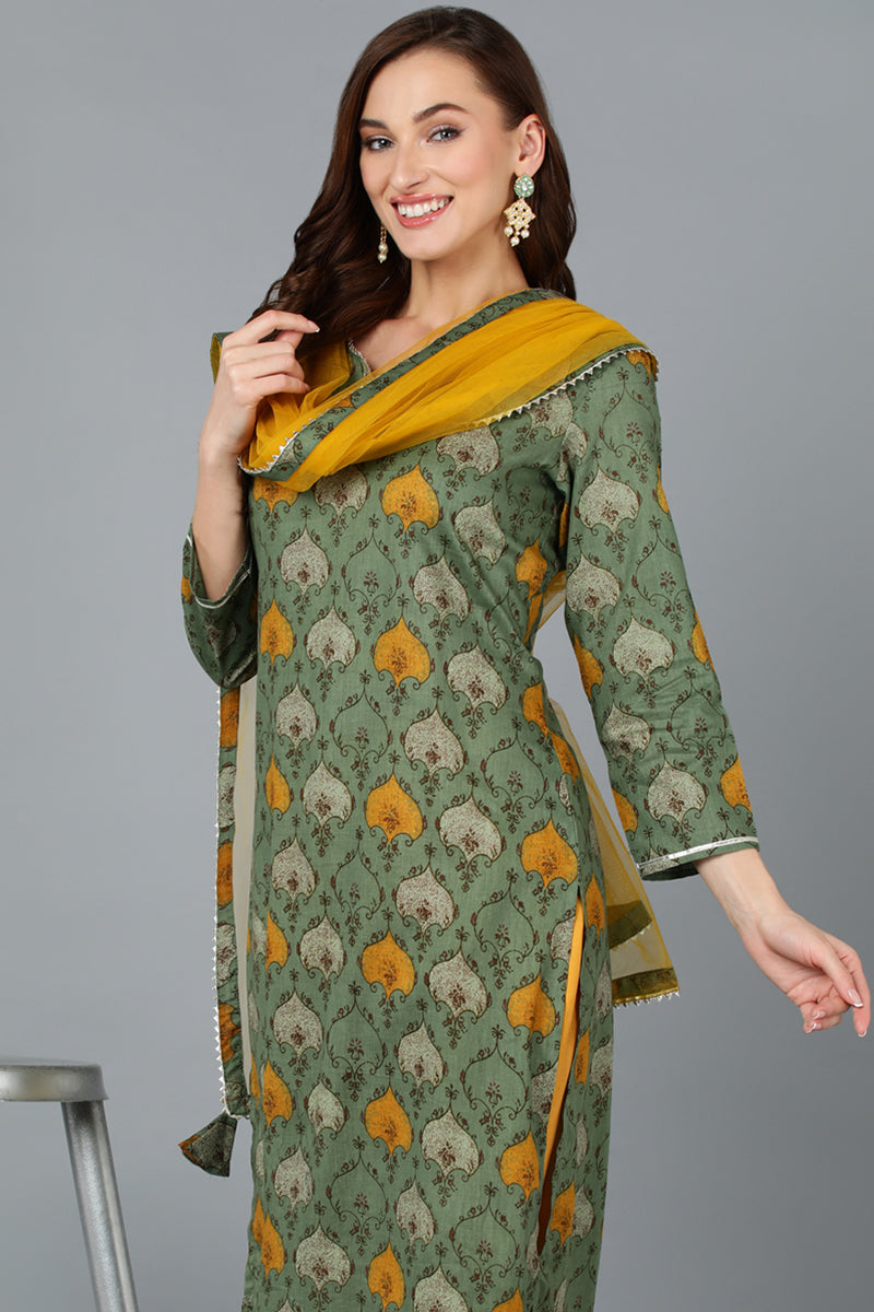 Green Rayon Blend Ethnic Motif Printed Straight Suit Set VKSKD1721