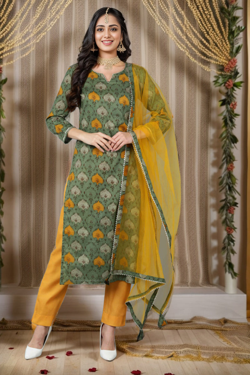 Green Rayon Blend Ethnic Motif Printed Straight Suit Set VKSKD1721