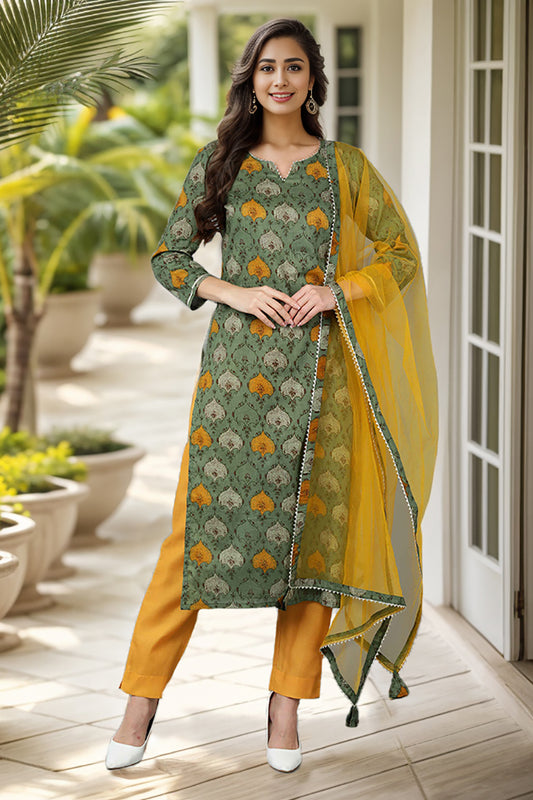 Green Rayon Blend Ethnic Motif Printed Straight Suit Set VKSKD1721