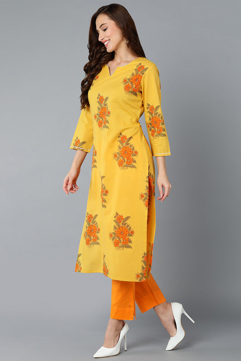 Mustard Orange Rayon Blend Floral Printed Straight Suit Set VKSKD1725