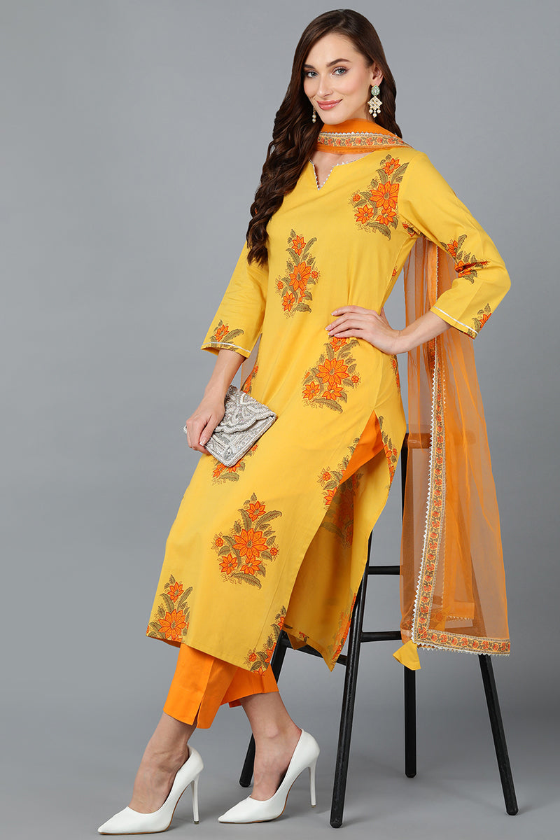 Mustard Orange Rayon Blend Floral Printed Straight Suit Set VKSKD1725