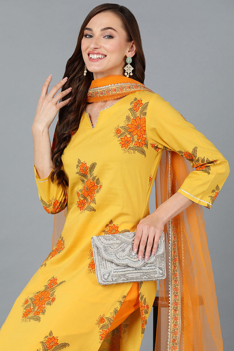 Mustard Orange Rayon Blend Floral Printed Straight Suit Set VKSKD1725