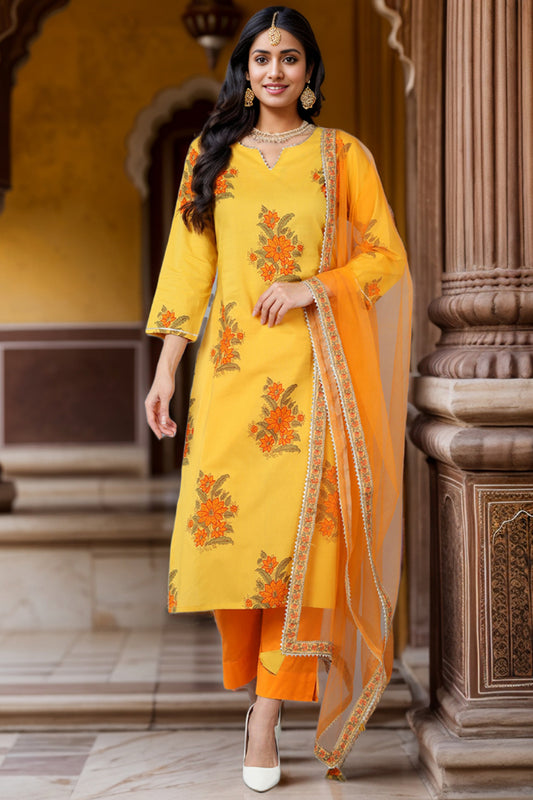 Mustard Orange Rayon Blend Floral Printed Straight Suit Set VKSKD1725