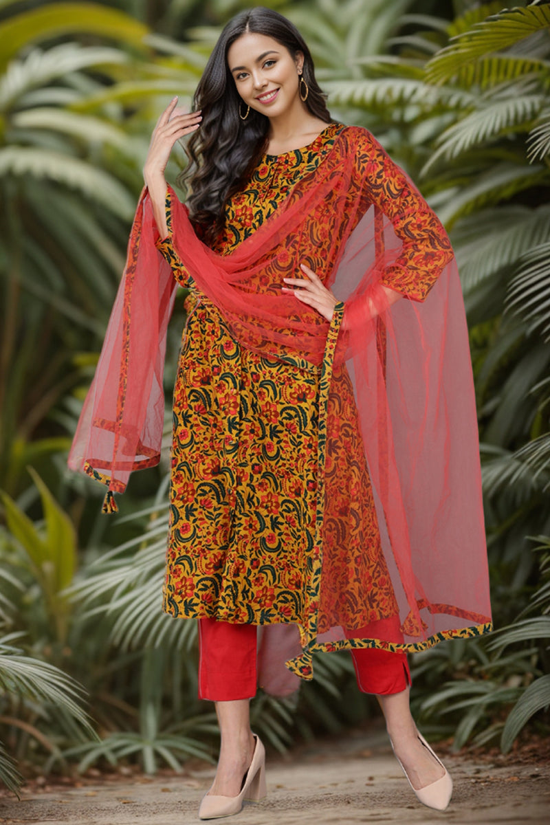 Mustard Rayon Blend Floral A-Line Kurta Pant With Dupatta VKSKD1728