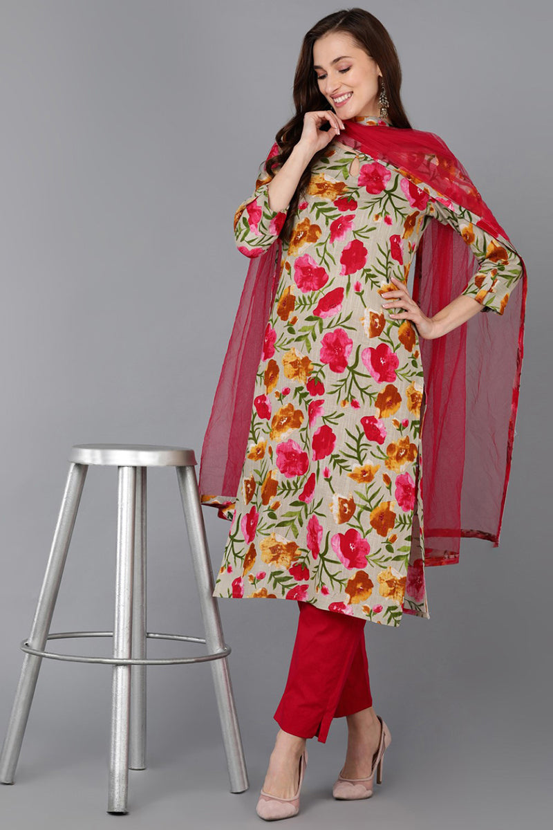 Grey Rayon Blend Floral Straight Kurta Pant With Dupatta VKSKD1730