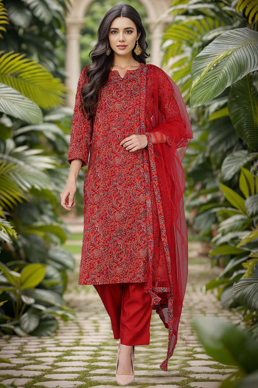 Red Rayon Blend Floral Straight Kurta Pant With Dupatta VKSKD1737