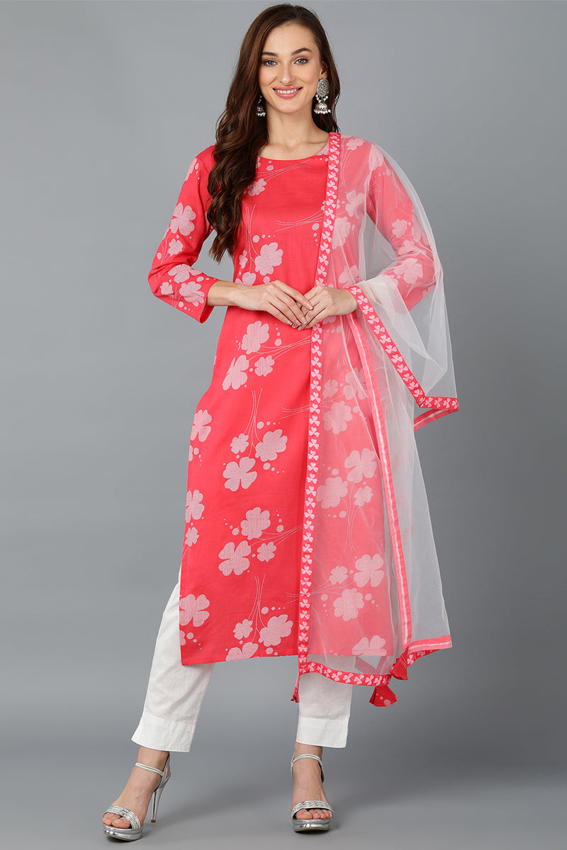 Pink Cotton Blend Printed Kurta Pant With Dupatta VKSKD1741