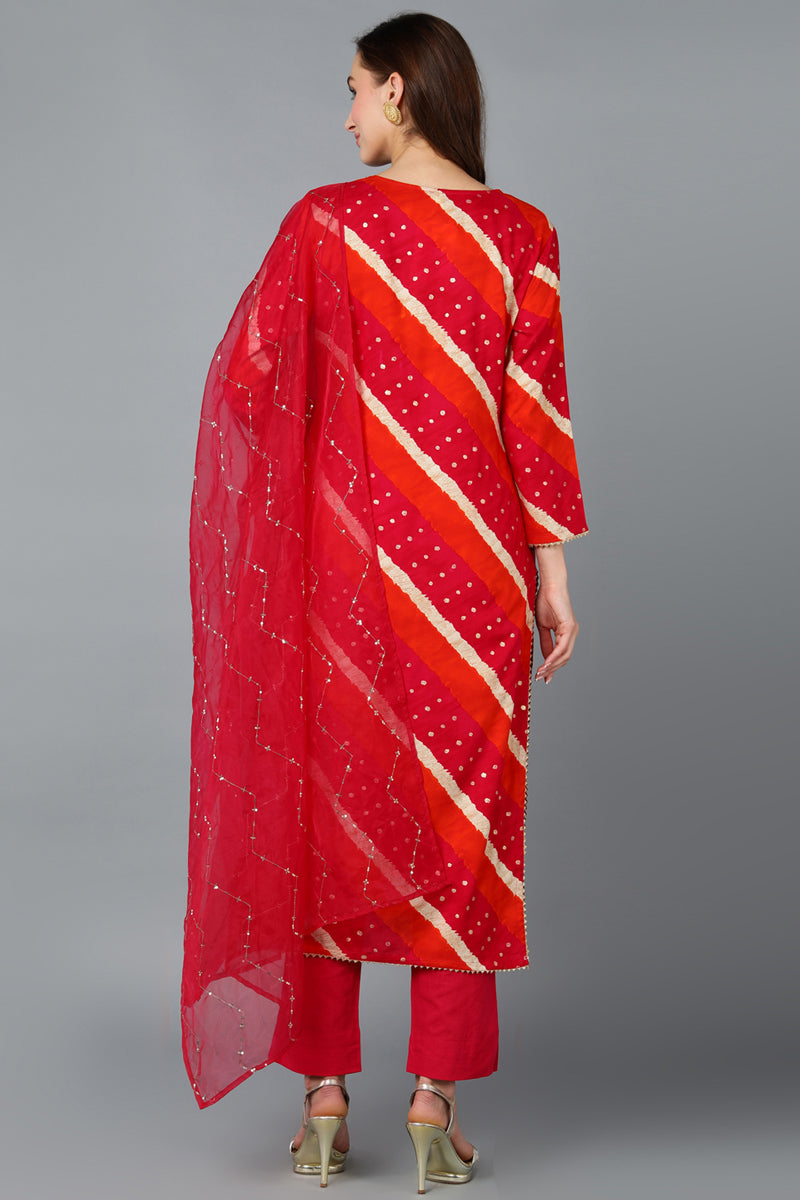 Pink Viscose Rayon Embroidered Leheriya Printed Kurta Pant With Dupatta VKSKD1752