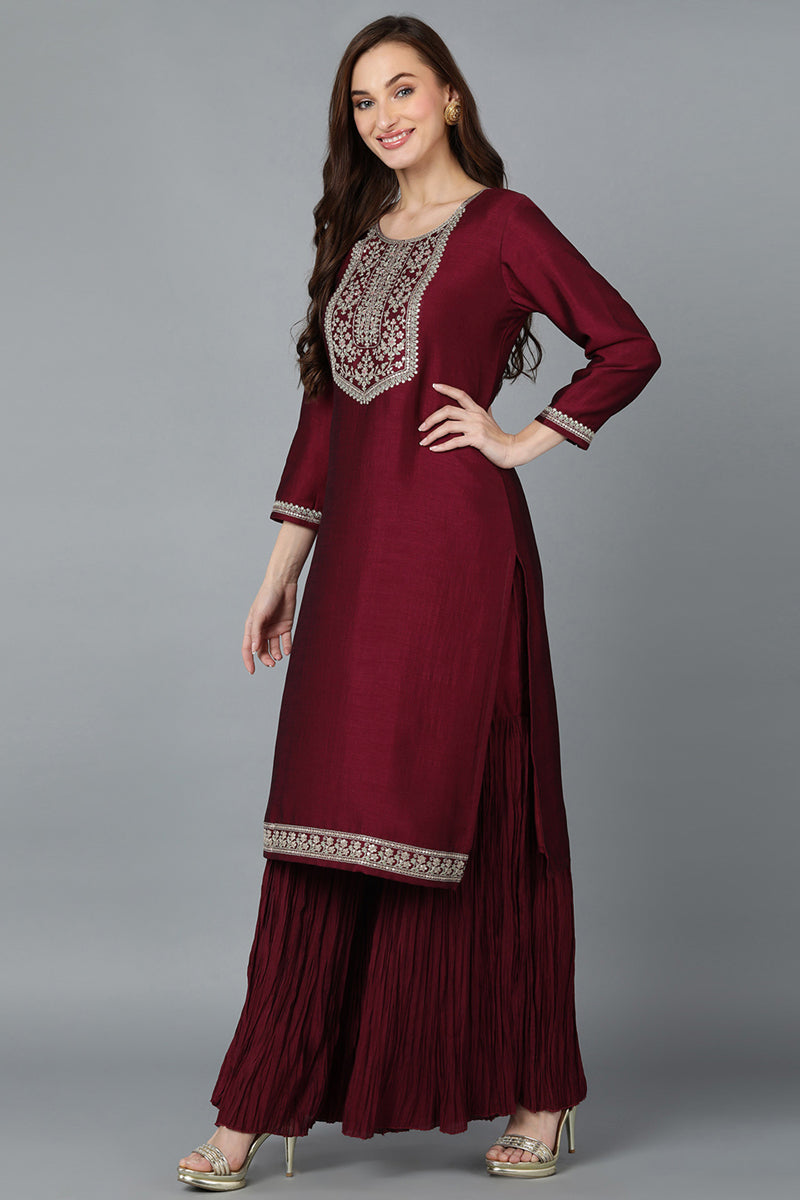 Maroon Silk Blend Yoke Design Kurti Sharara With Dupatta VKSKD1753