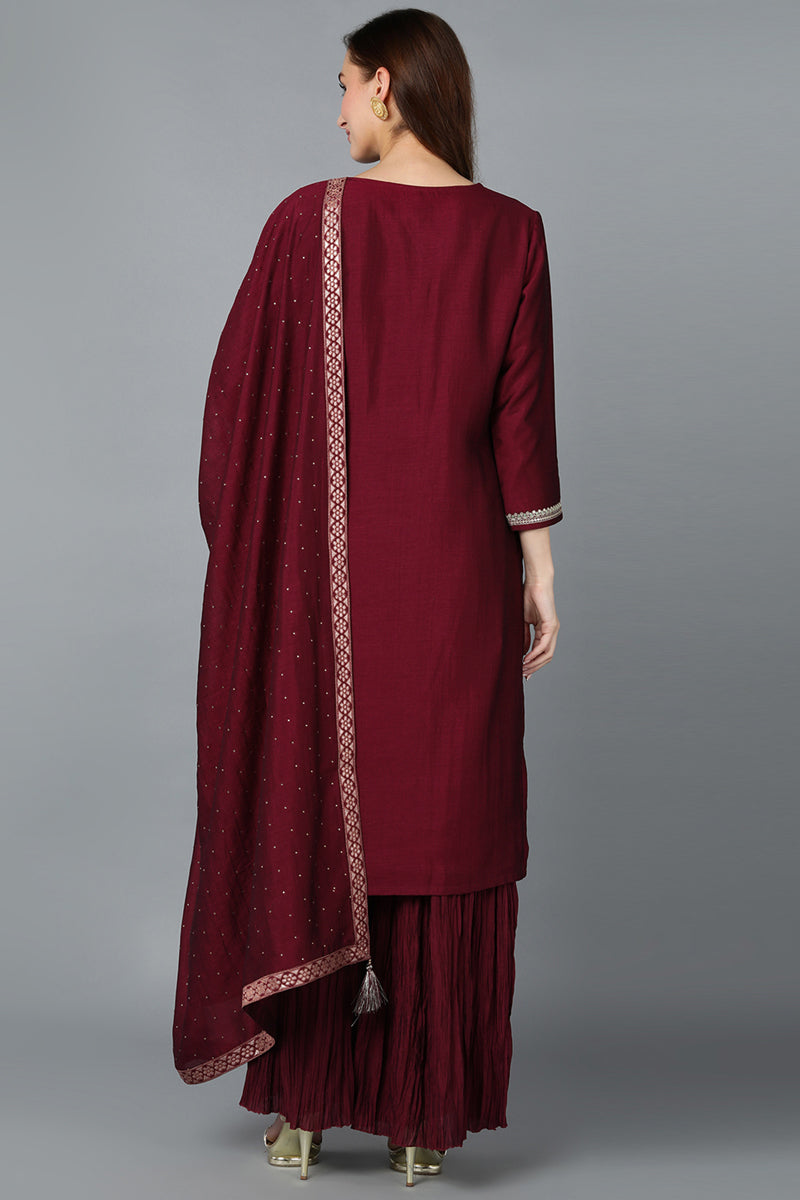 Maroon Silk Blend Yoke Design Kurti Sharara With Dupatta VKSKD1753