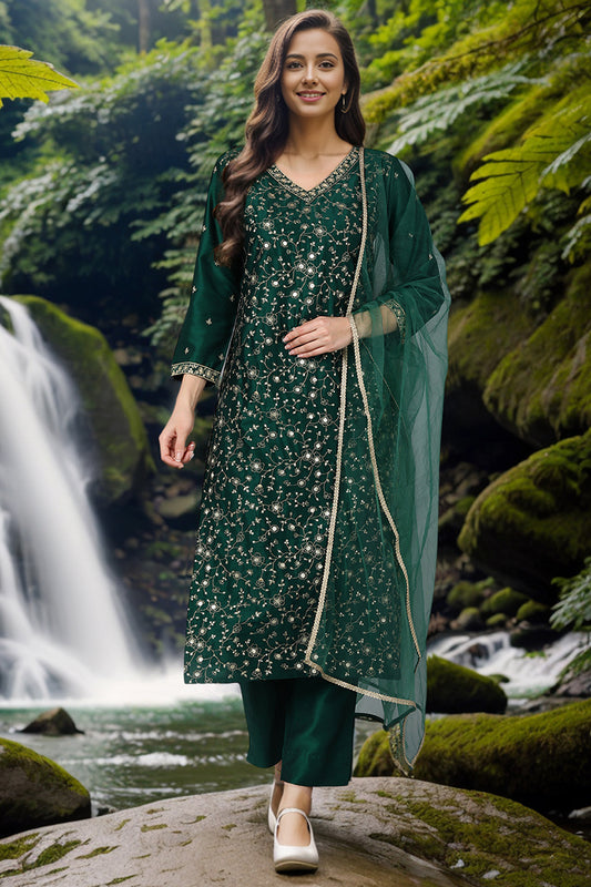 Green Silk Blend Embroidered Kurta Pant With Dupatta VKSKD1754