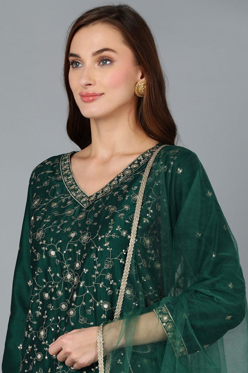 Green Silk Blend Embroidered Kurta Pant With Dupatta VKSKD1754
