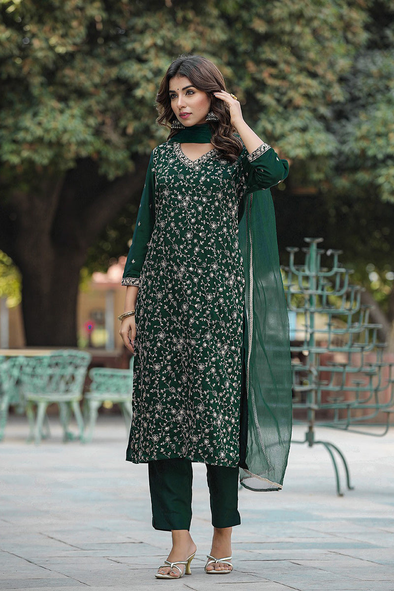 Green Silk Blend Embroidered Kurta Pant With Dupatta VKSKD1754