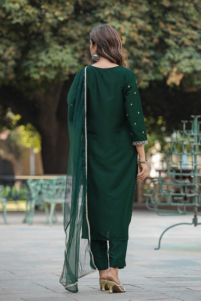 Green Silk Blend Embroidered Kurta Pant With Dupatta VKSKD1754