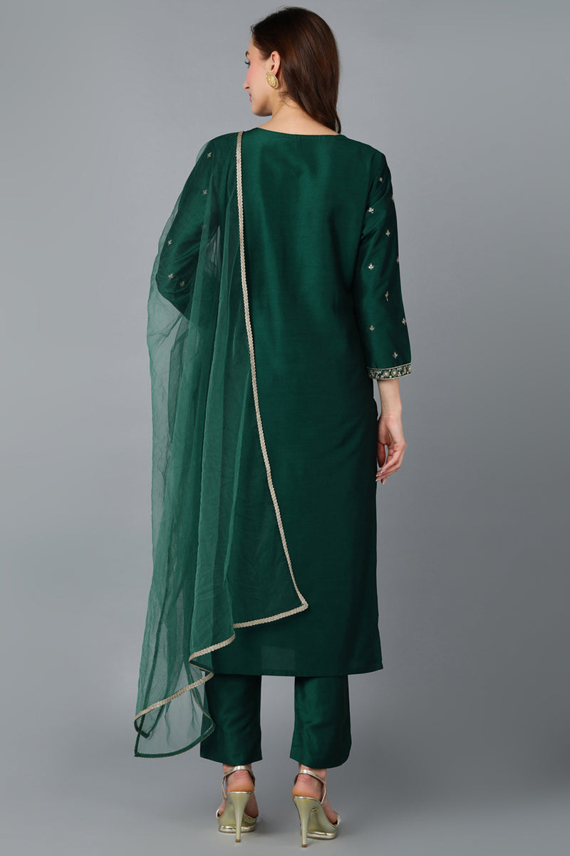 Green Silk Blend Embroidered Kurta Pant With Dupatta VKSKD1754