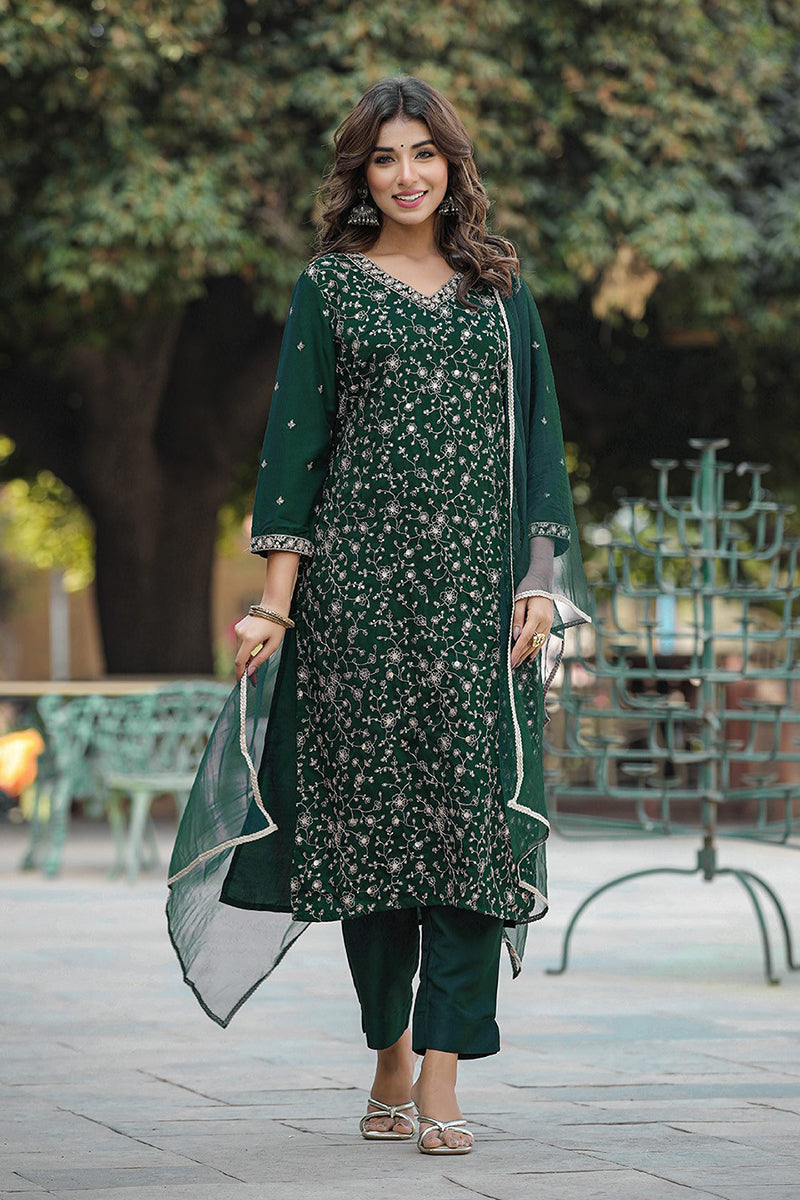 Green Silk Blend Embroidered Kurta Pant With Dupatta VKSKD1754