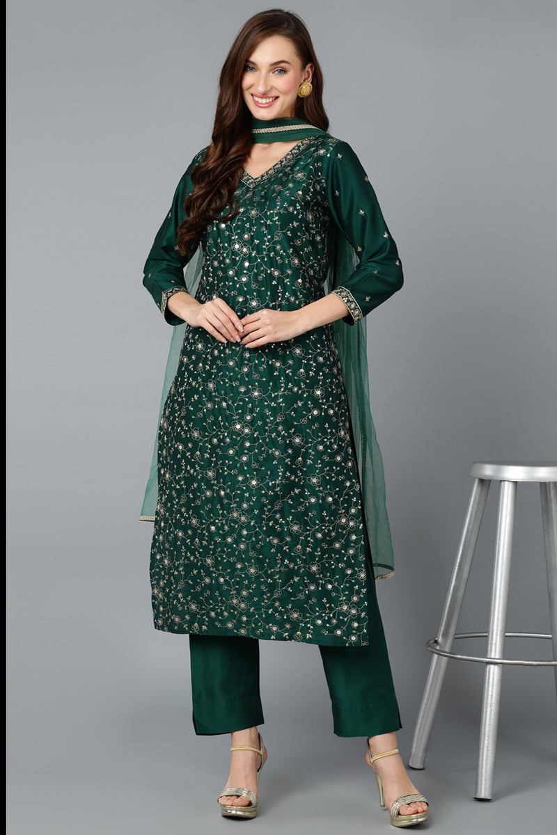 Green Silk Blend Embroidered Kurta Pant With Dupatta VKSKD1754