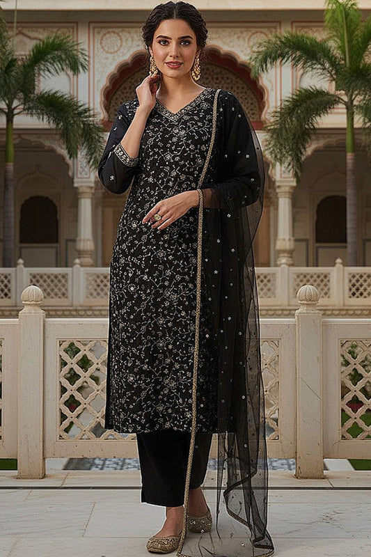 Black Silk Blend Embroidered Kurta Pant With Dupatta VKSKD1755