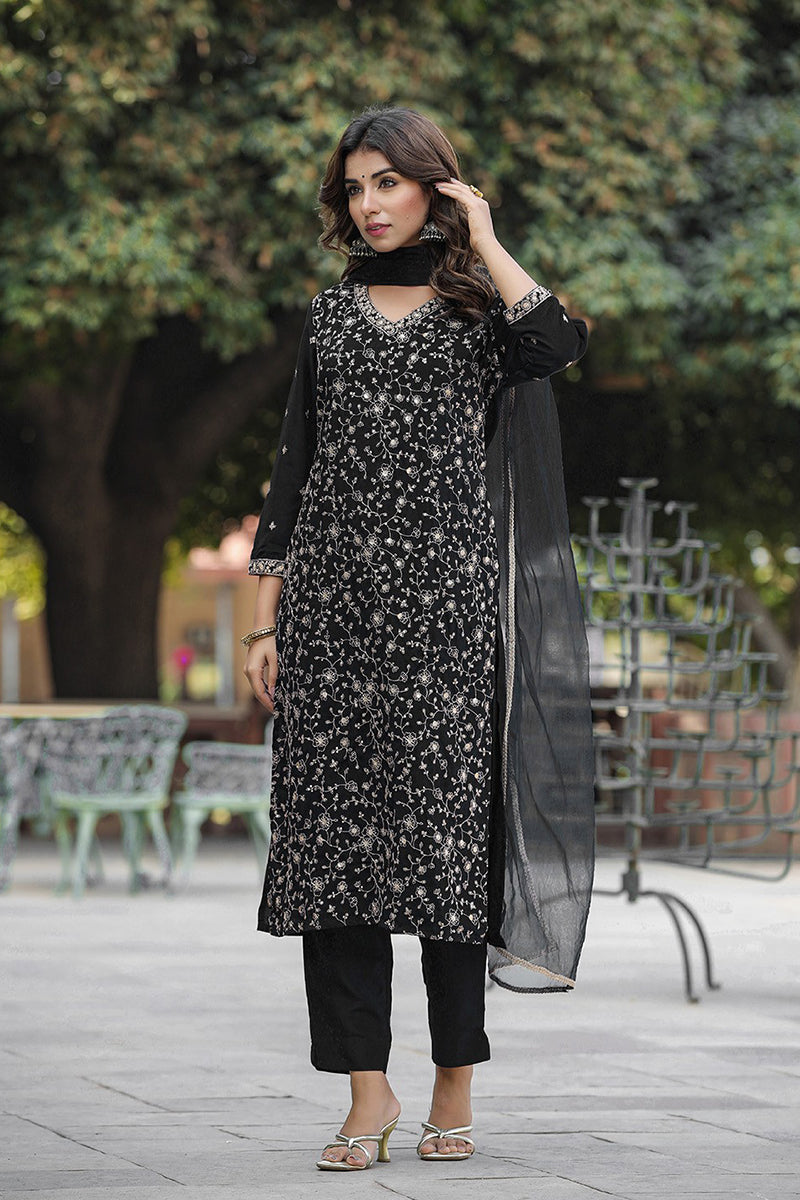 Black Silk Blend Embroidered Kurta Pant With Dupatta VKSKD1755