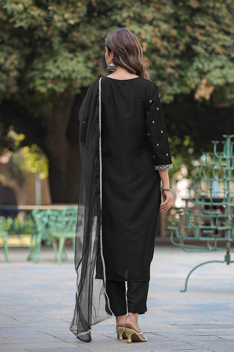 Black Silk Blend Embroidered Kurta Pant With Dupatta VKSKD1755