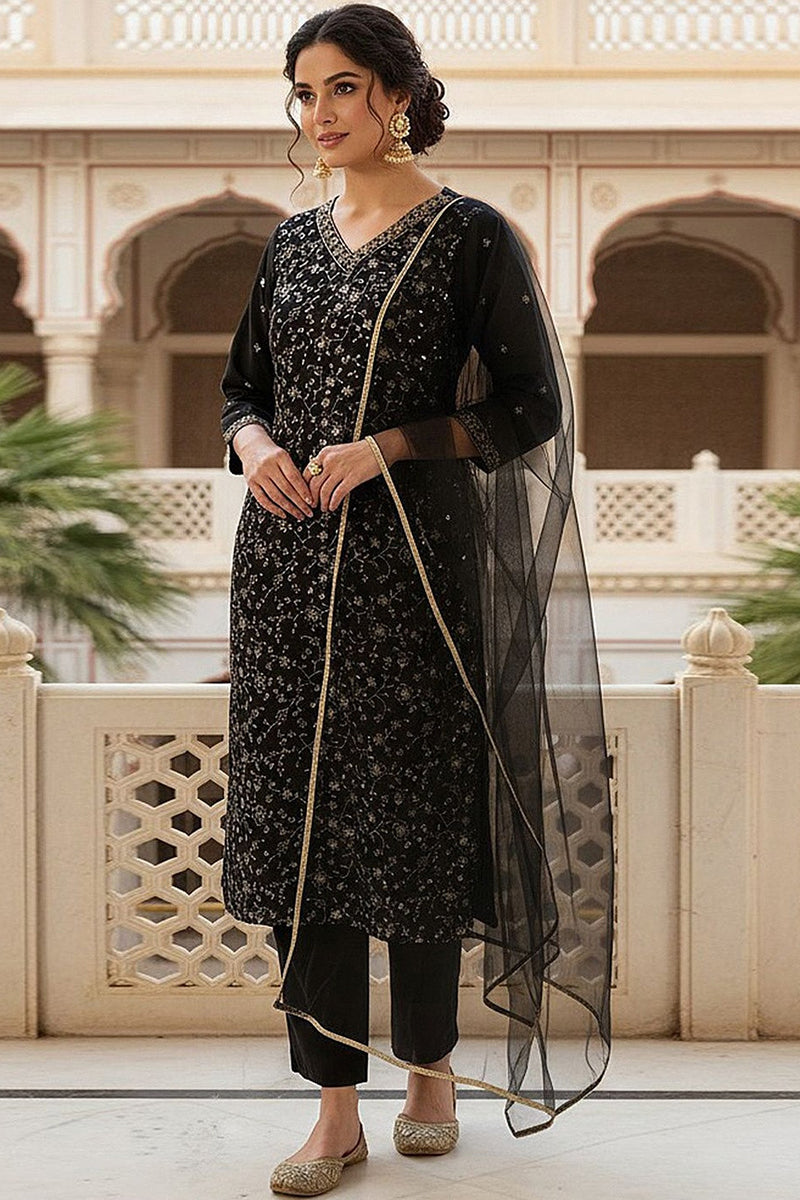 Black Silk Blend Embroidered Kurta Pant With Dupatta VKSKD1755