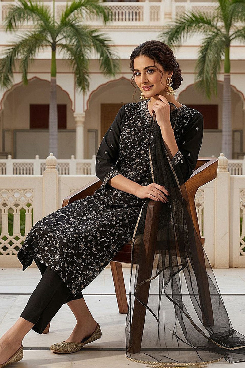 Black Silk Blend Embroidered Kurta Pant With Dupatta VKSKD1755
