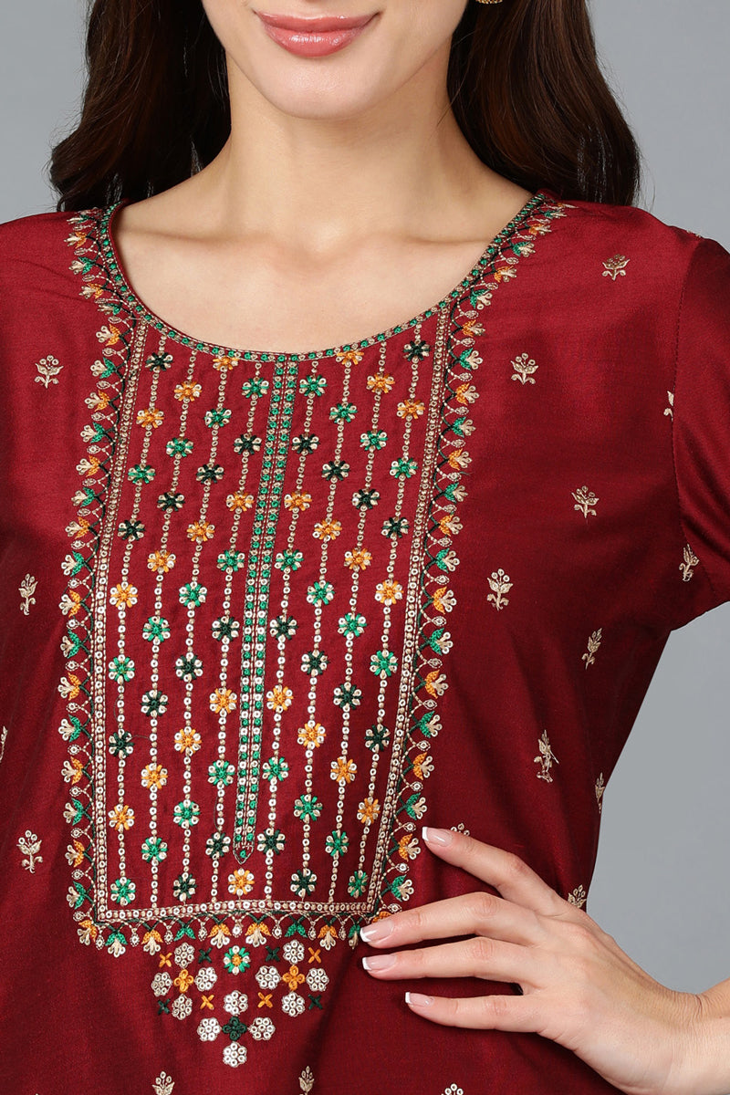 Maroon Silk Blend Embroidered Kurta Pant With Dupatta VKSKD1757