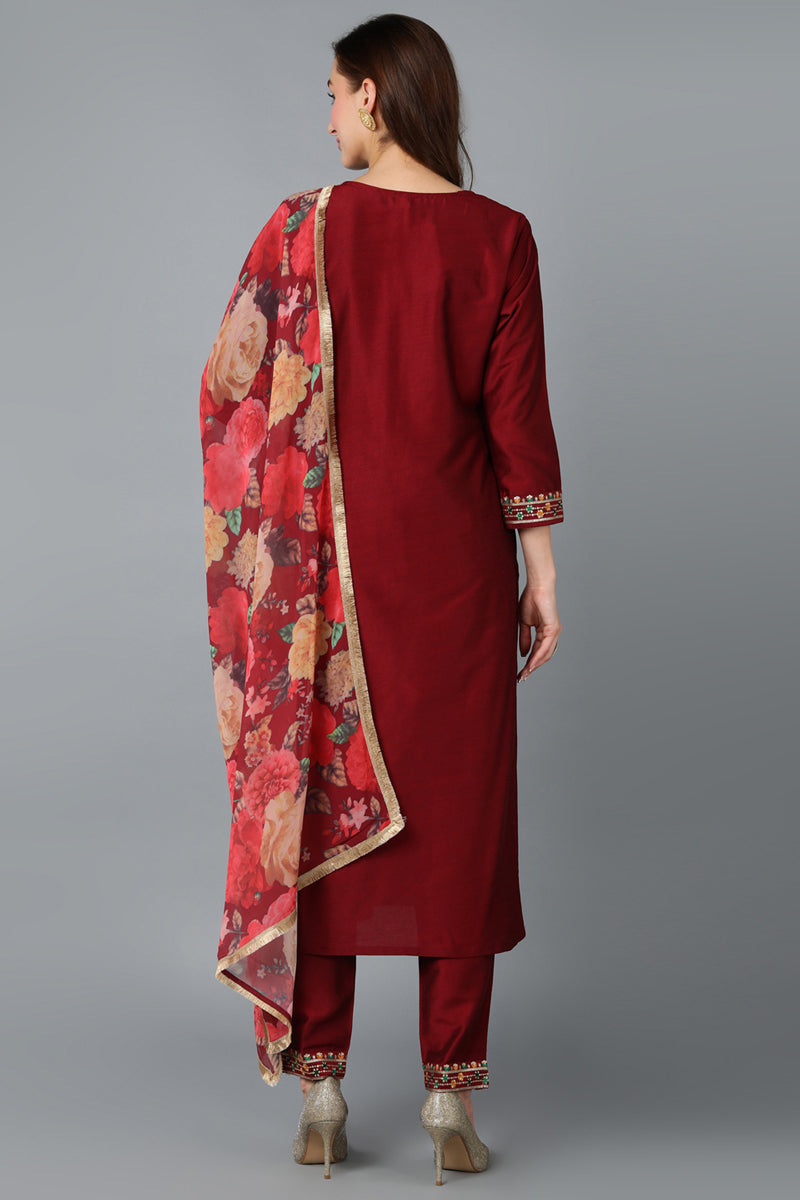 Maroon Silk Blend Embroidered Kurta Pant With Dupatta VKSKD1757