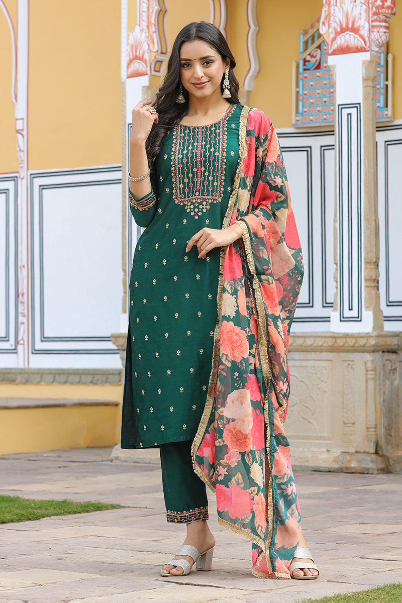 Green Silk Blend Embroidered Kurta Pant With Dupatta VKSKD1758