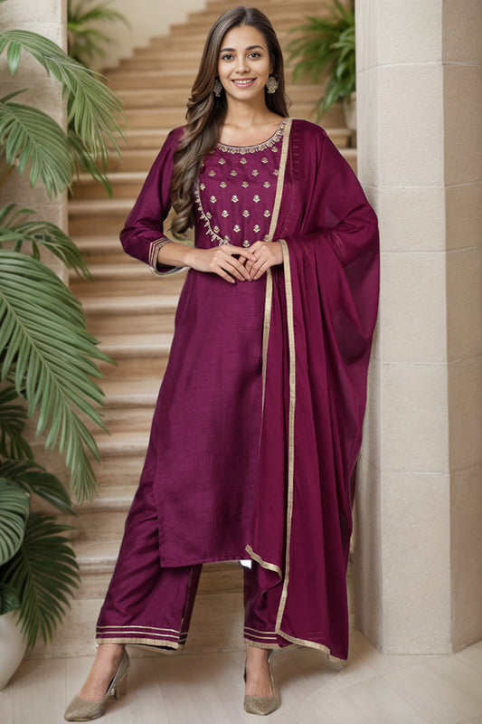 Purple Silk Blend Embroidered Suit Set VKSKD1761