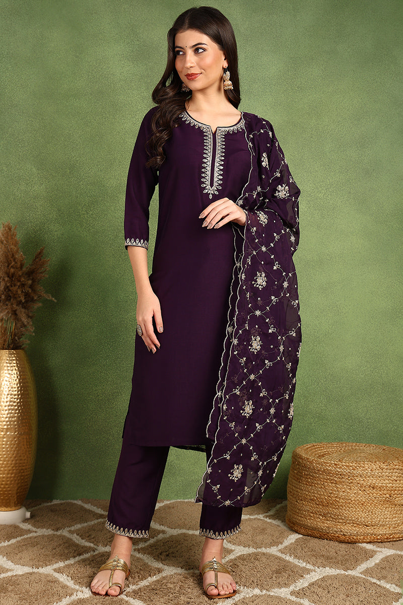 Purple Silk Blend Straight Kurta Pant With Dupatta VKSKD1774