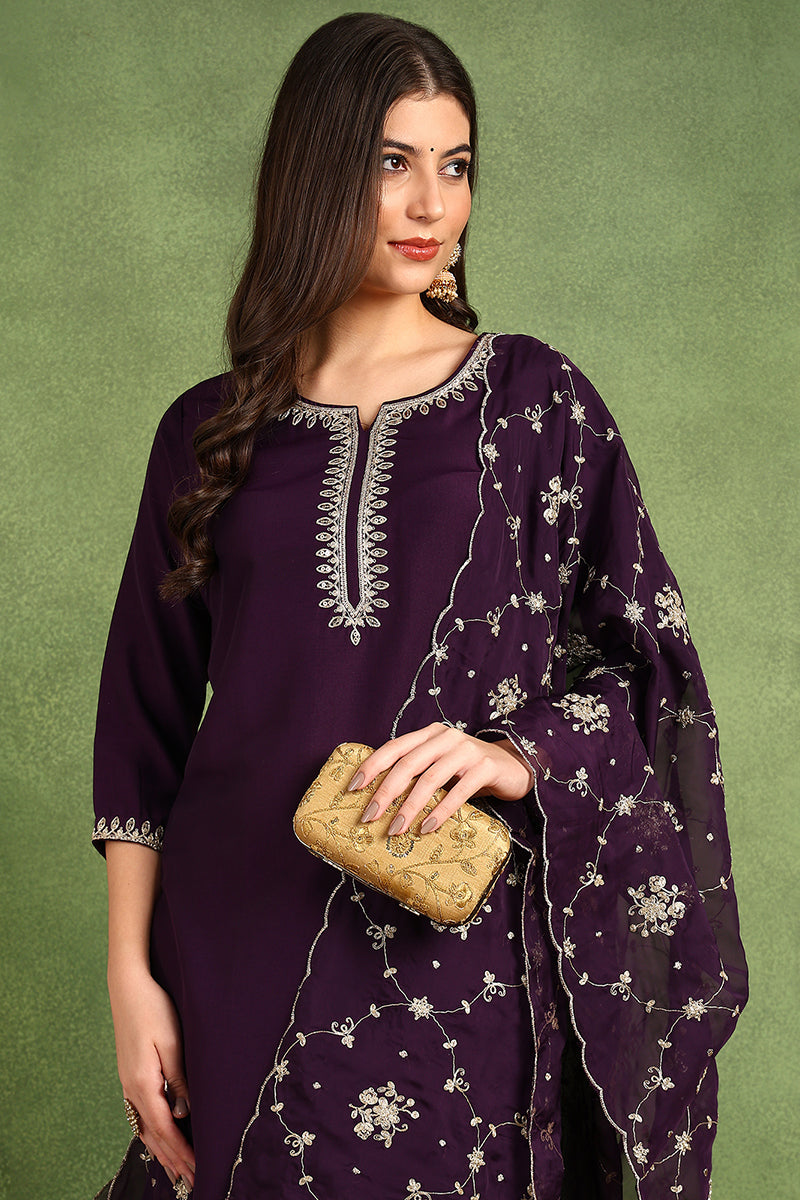 Purple Silk Blend Straight Kurta Pant With Dupatta VKSKD1774