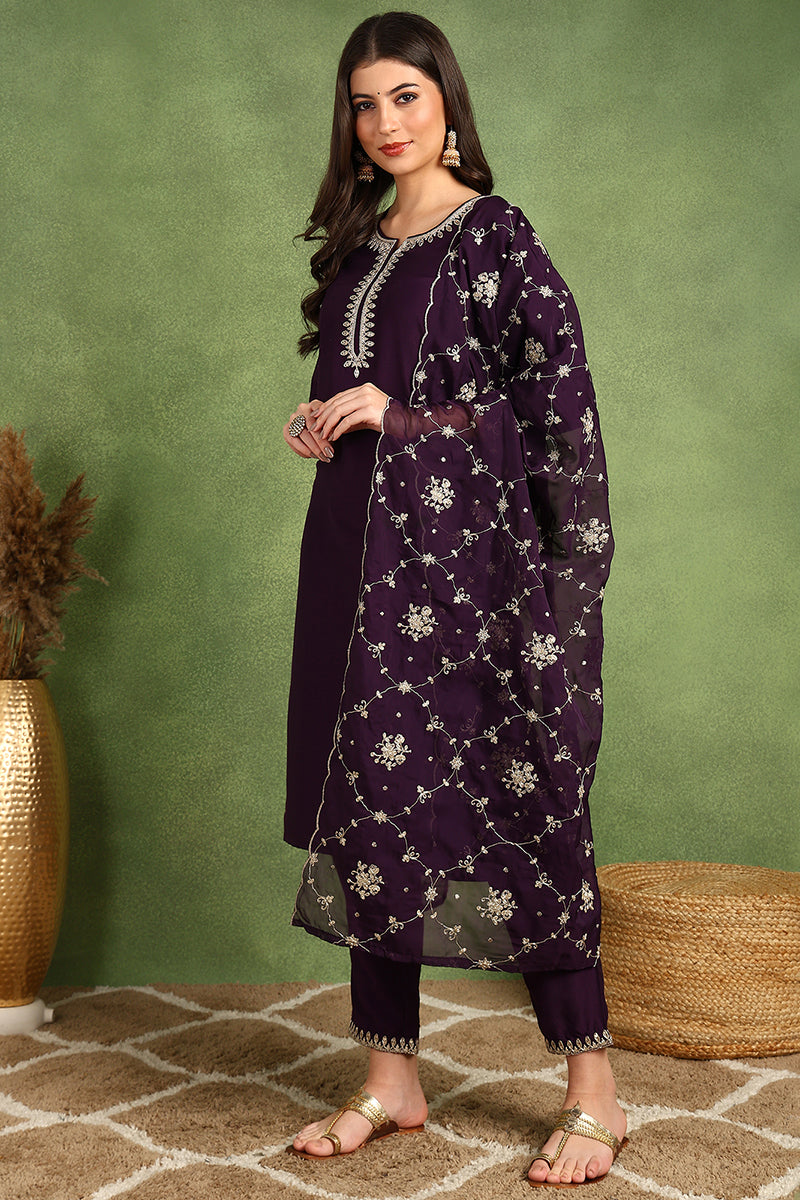 Purple Silk Blend Straight Kurta Pant With Dupatta VKSKD1774