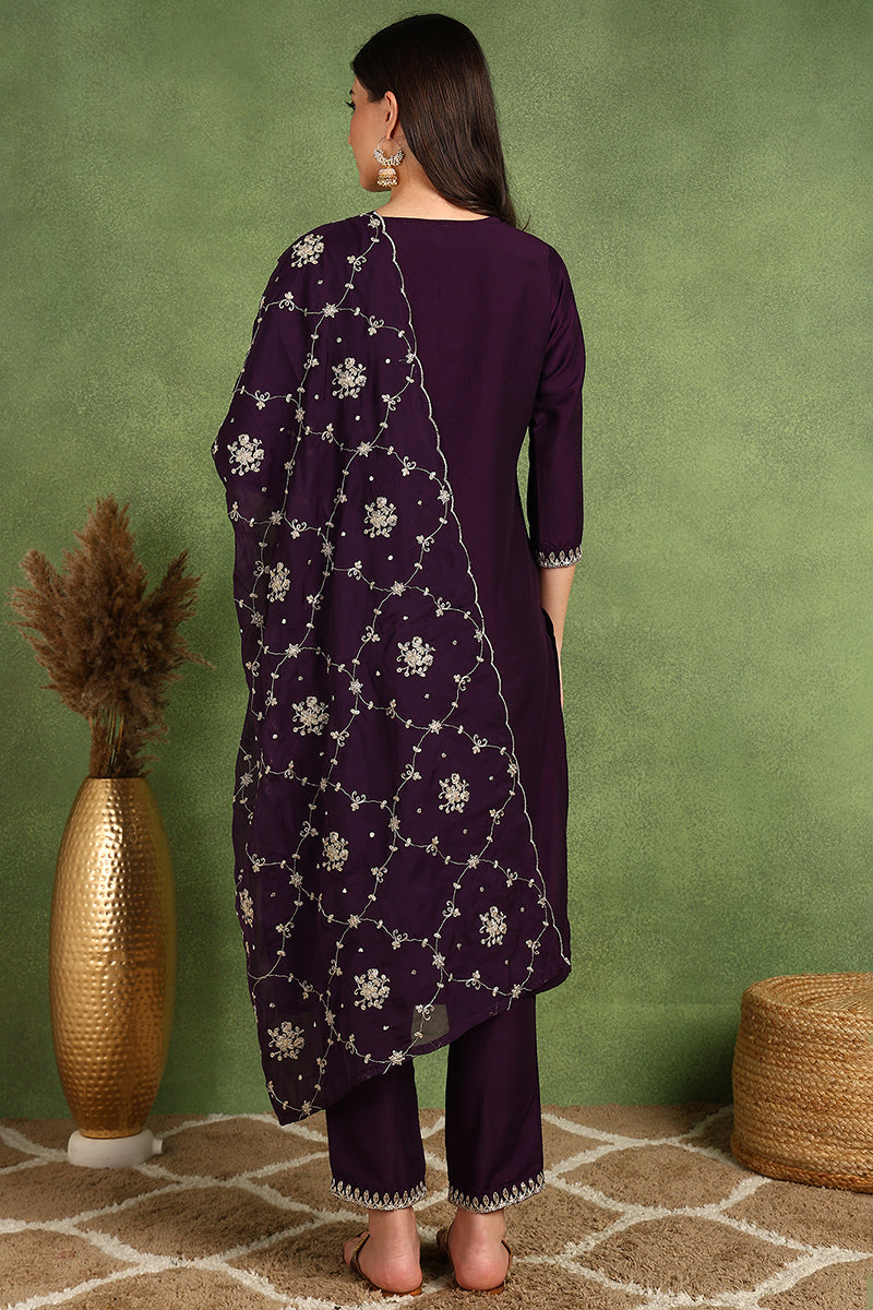 Purple Silk Blend Straight Kurta Pant With Dupatta VKSKD1774