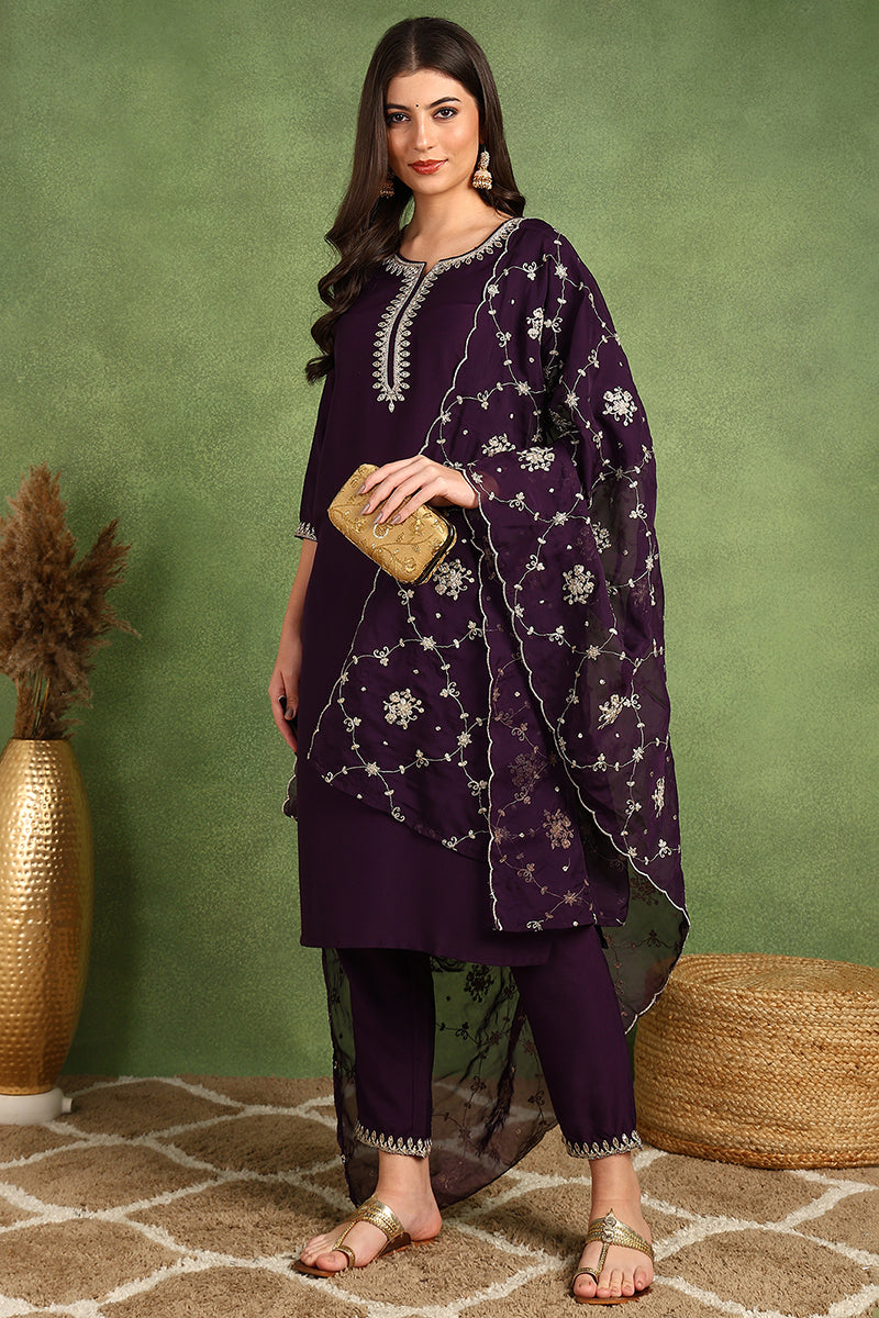 Purple Silk Blend Straight Kurta Pant With Dupatta VKSKD1774